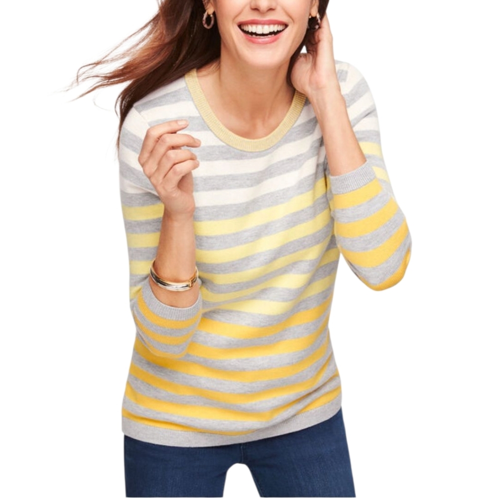 Talbots Sweater 2X Ombre Stripe Yellow Gray White 3/4 Sleeve Preppy Crew Neck - Picture 2 of 9